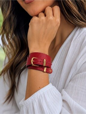 Rustic Cuff Red Leather Bracelet with Gold Buckle | Adjustable | Unisex